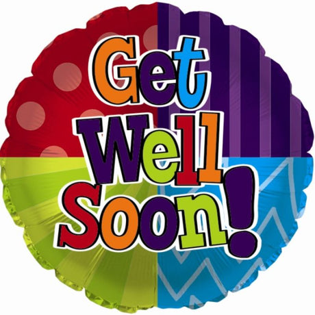 Colorful 17" foil helium balloon with dots and stripes design, perfect for sending get well soon wishes.