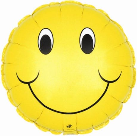 17" Smiley Face foil helium balloon, vibrant and cheerful, perfect for parties and special events to spread joy.