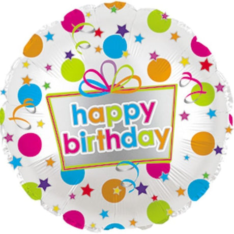 Colorful 17" Happy Birthday foil balloon with a cheerful polka dot design, perfect for festive birthday celebrations.