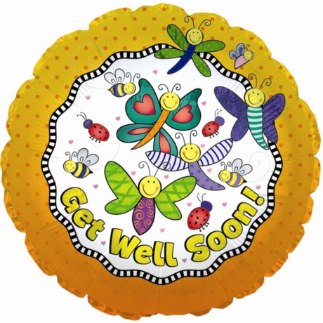 Colorful 17" foil balloon featuring butterflies and bugs, perfect for sending get well wishes and uplifting spirits.