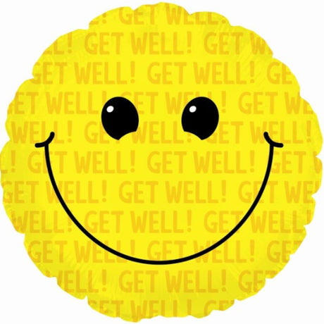 Cheerful 17-inch Smiley Get Well foil balloon, perfect for uplifting spirits during recovery or hospital visits.