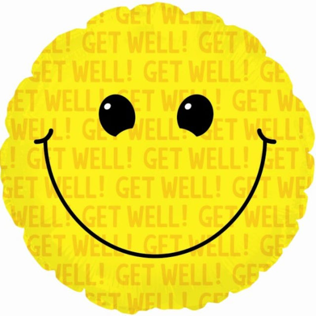 Cheerful 17-inch Smiley Get Well foil balloon, perfect for uplifting spirits during recovery or hospital visits.