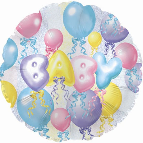 Vibrant 17" foil helium baby balloons, perfect for baby showers and birthdays, featuring self-sealing valves for easy inflation.