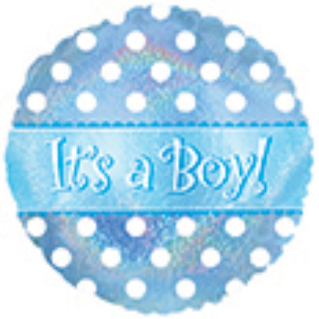 Air-filled 9" balloon featuring a playful "It's a Boy" dot design, ideal for baby showers and gender reveal parties.