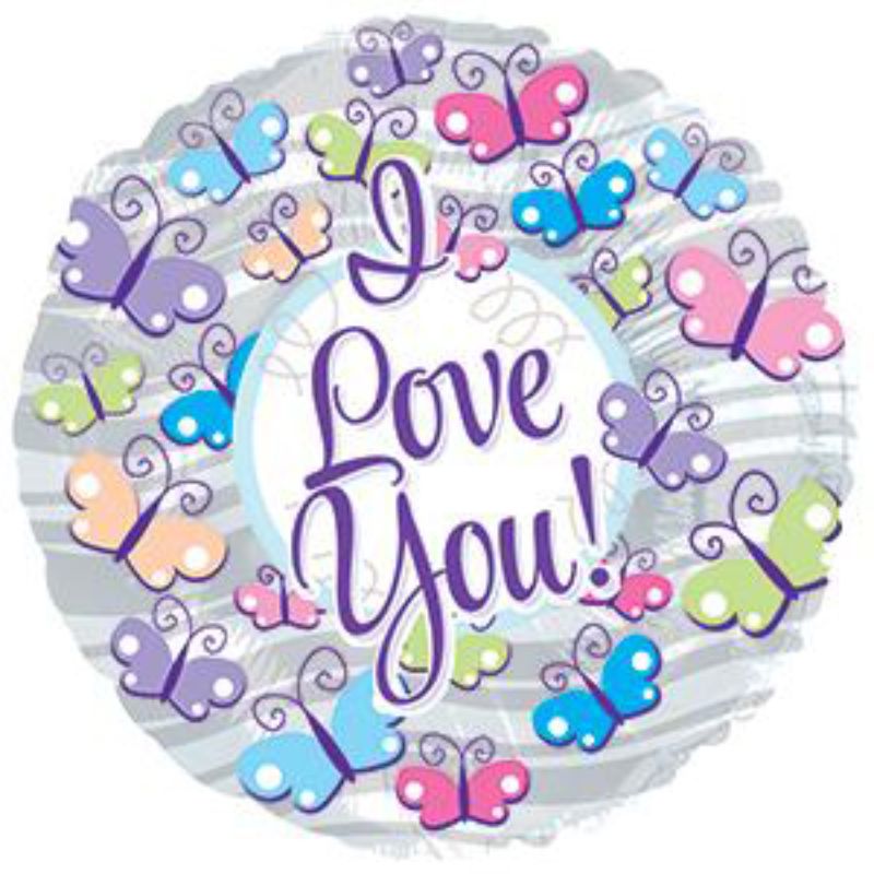 Air-filled 9" balloon with vibrant butterfly graphics and silver stripes, ideal for romantic celebrations and gifts.