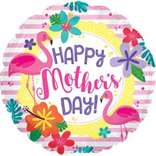 Vibrant 9-inch air-filled flamingo balloon for Mother's Day, featuring a cheerful design and includes cup and stick for display.