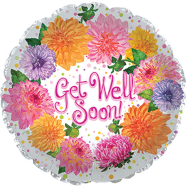 Air-filled 9" balloon with vibrant chrysanthemum design, perfect for sending get well wishes and uplifting spirits.