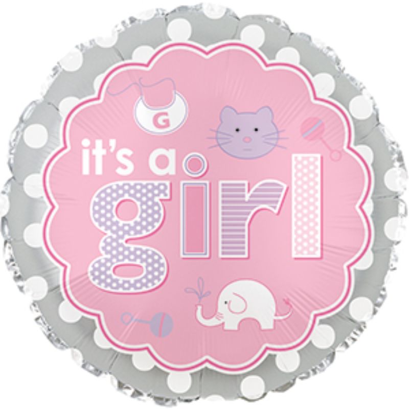 Air-filled 9" balloon featuring cute baby icons, perfect for gender reveals and baby showers celebrating a new girl.