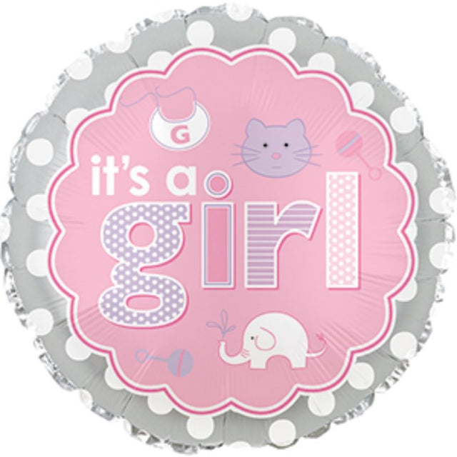 Air-filled 9" balloon featuring cute baby icons, perfect for gender reveals and baby showers celebrating a new girl.