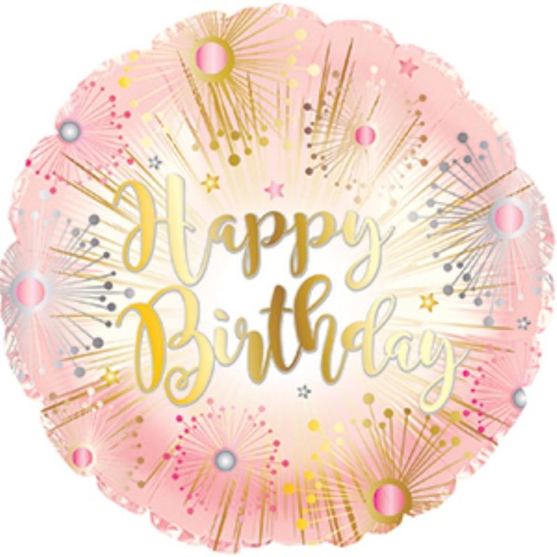 Air-filled 9" rose gold birthday balloon with cup and stick, perfect for elegant party decor and vibrant table settings.