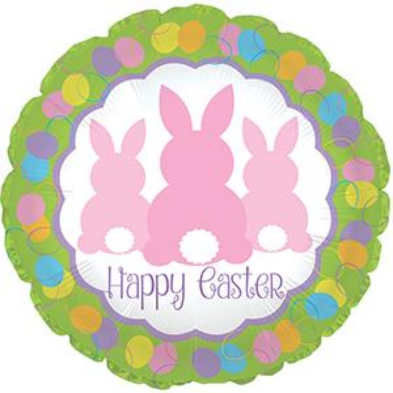 Air-filled 9" balloon featuring three cheerful bunnies, perfect for Easter celebrations and springtime gatherings.
