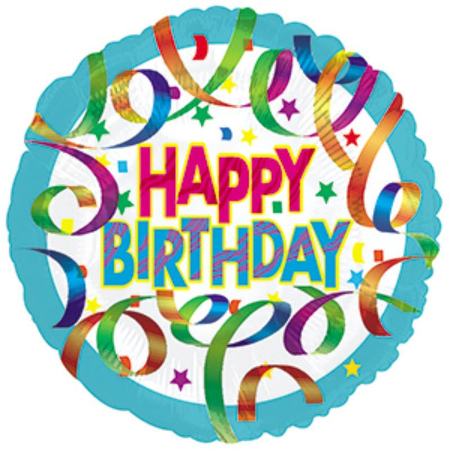 Colorful 9-inch air-filled birthday balloon with cheerful streamers, perfect for festive decor and easy to use with included cup and stick.