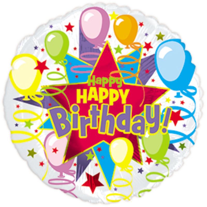 Air-filled 9" birthday balloon featuring a vibrant star burst design, perfect for festive party decorations and celebrations.