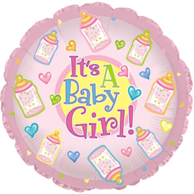 Air-filled balloon featuring adorable pink baby bottles, perfect for baby showers and first birthday decorations.