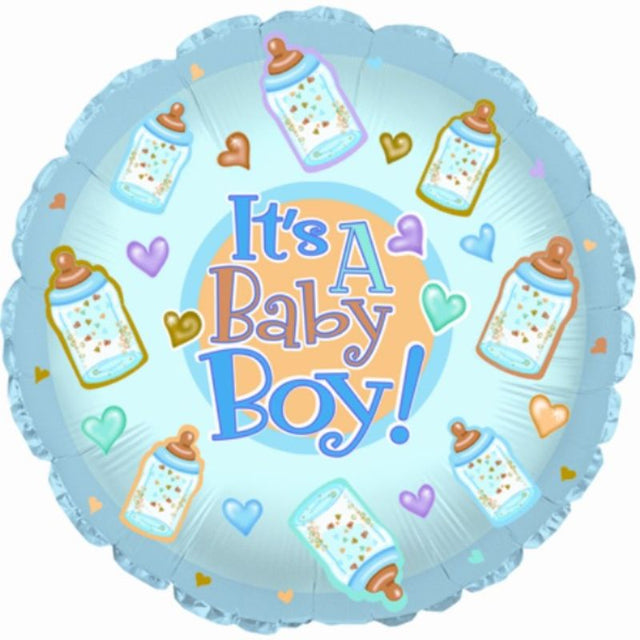 Air-filled baby boy bottle balloons (9") for charming party decor at baby showers and gender reveals.