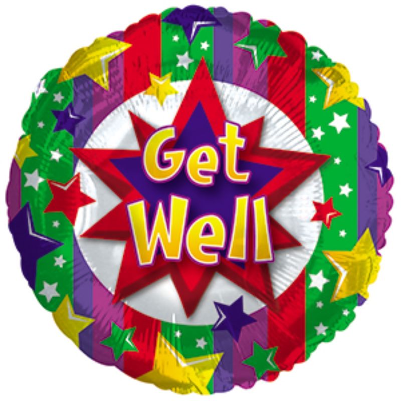 Vibrant 9-inch air-filled Get Well balloon with a colorful burst design, perfect for uplifting any recovery space.