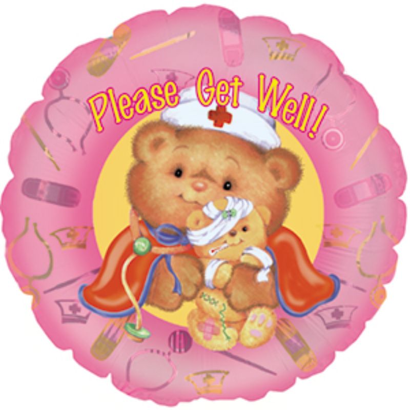Air-filled 9" balloon featuring a cheerful nurse bear design, perfect for uplifting spirits and sending get well wishes.