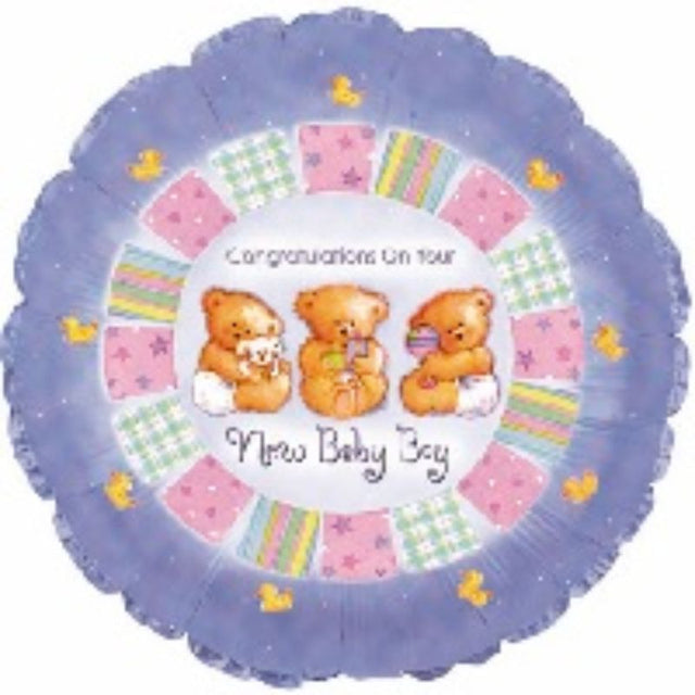 Air-filled 9" balloon featuring a vibrant patchwork design, perfect for baby boy celebrations and easy display with cup and stick.