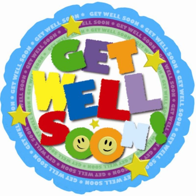 Bright 9-inch air-filled balloon with cheerful colors and messages, perfect for uplifting get-well wishes and easy display.