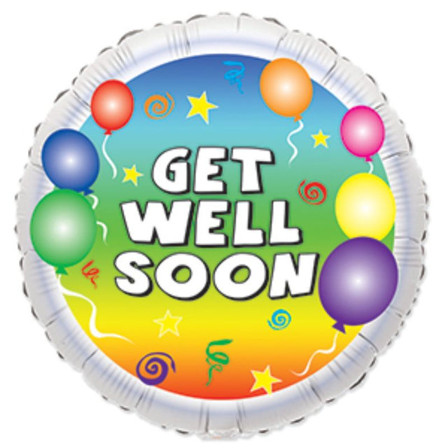 Colorful 9-inch air-filled "Get Well" balloons, perfect for uplifting recovery celebrations and bringing joy to loved ones.