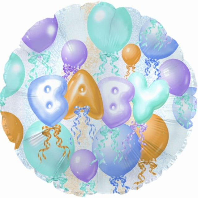 Air-filled 9" baby balloon featuring cute motifs, perfect for baby showers and first birthday parties, includes cup and stick.