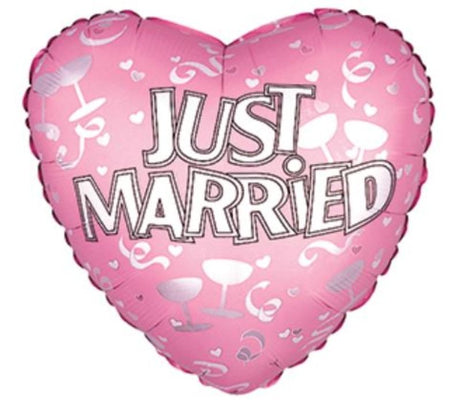 Foil helium balloon featuring "Just Married" design, perfect for weddings and bridal showers, 17 inches in size.