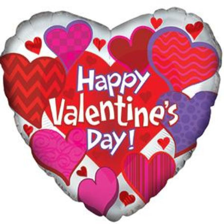 17" Happy Valentine's Day balloon with vibrant graphic patterns, perfect for romantic celebrations and festive decor.