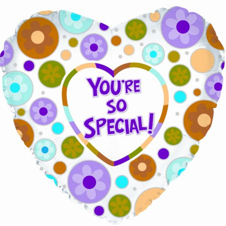 Colorful 17" foil balloon featuring "You're So Special" with dots and daisies, perfect for celebrations and brightening days.