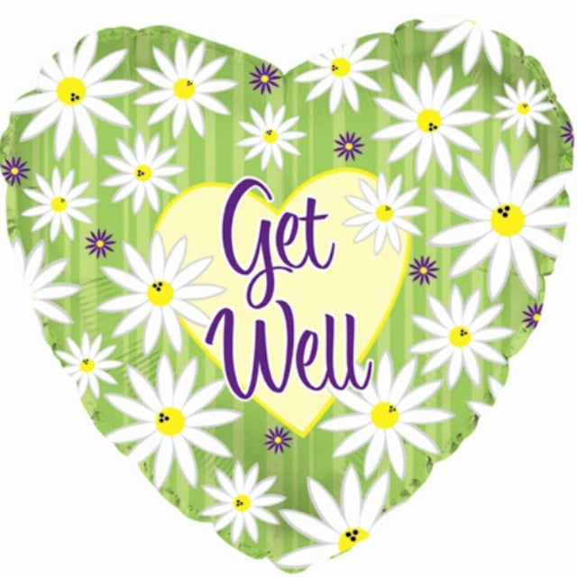 Air-filled 9-inch balloon featuring vibrant stripes and daisies, ideal for sending get well wishes and brightening spirits.