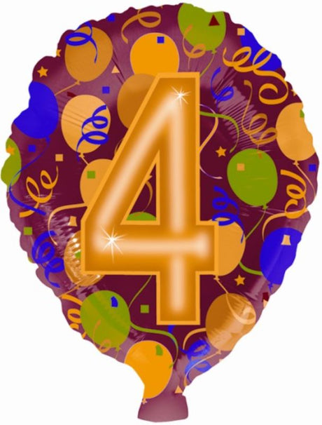Colorful 17" Number 4 foil balloon made of durable latex, perfect for birthday parties and special occasions.