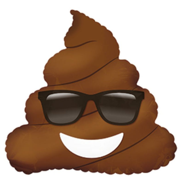 Air-filled balloon featuring a poop emoji with sunglasses, perfect for fun party decor and celebrations, measuring 9 inches.