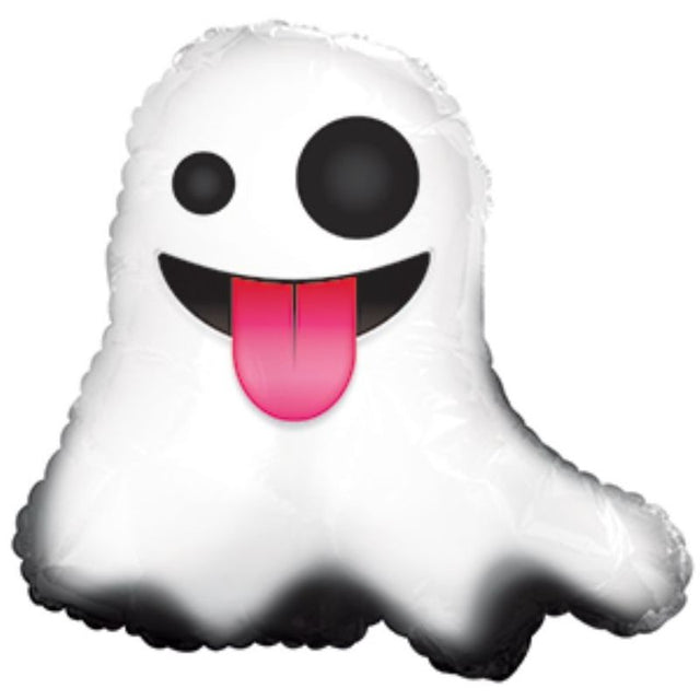 9-inch air-filled balloon featuring a playful emoticon ghost design with a cheeky tongue, perfect for spooky celebrations.