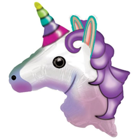 Air-filled 10" unicorn emoticon balloon, vibrant design for parties, includes cup and stick for easy display.