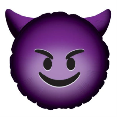 Air-filled 9-inch emoticon devil balloon with horns, perfect for playful celebrations and themed events.