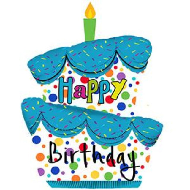 Air-filled 14" Happy Birthday balloon featuring a whimsical cake design, perfect for festive celebrations and party decorations.