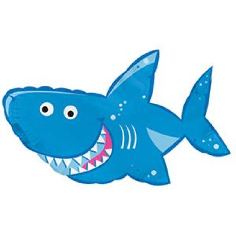 Air-filled 12" Smiling Shark balloon, perfect for kids' parties and beach themes, includes cup and stick for easy display.