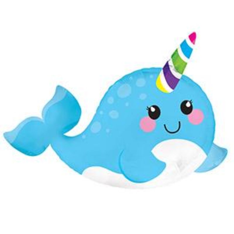 Air-filled 10" balloon with a cute narwhal design, perfect for ocean-themed parties and decorations.