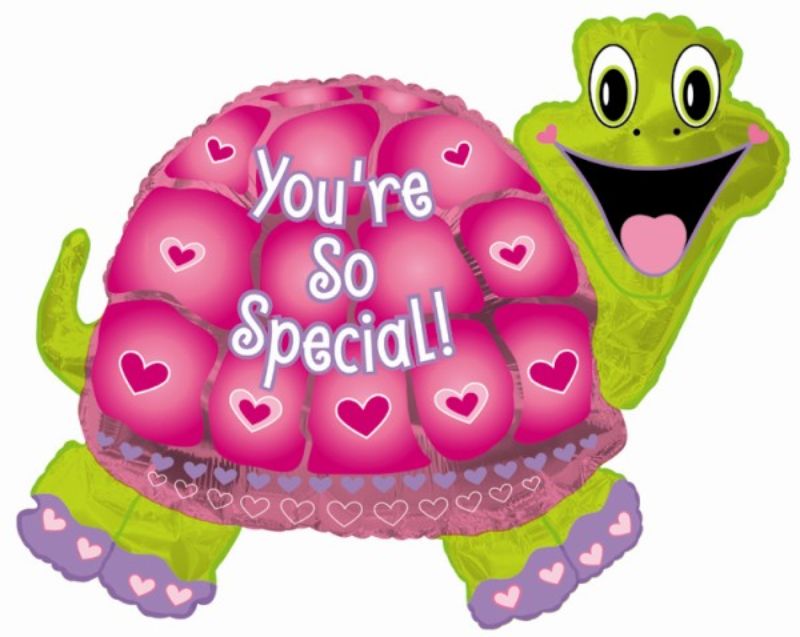 Air-filled 12" turtle balloon with "You're So Special" text, ideal for birthdays and baby showers. Includes cup and stick for display.