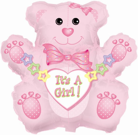 Air-filled 14" balloon featuring an adorable bear design, perfect for celebrating a baby girl at showers or gender reveals.