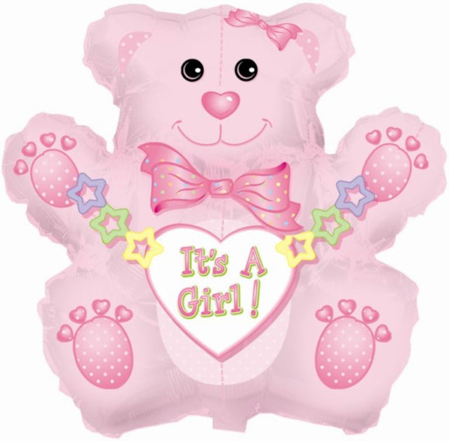 Air-filled 14" balloon featuring an adorable bear design, perfect for celebrating a baby girl at showers or gender reveals.