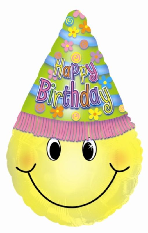 Vibrant 30" foil helium balloon featuring a smiley face in a party hat, perfect for birthday celebrations.