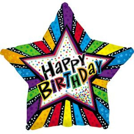 Vibrant 17" foil balloon with birthday stripes and stars design, perfect for adding cheer to birthday celebrations.
