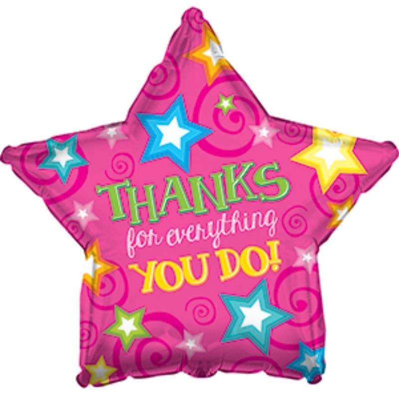 Air-filled 9-inch pink star balloon with 'Thanks' message, ideal for celebrations and easy to display with cup and stick.
