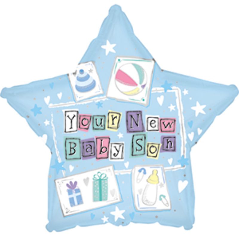 Air-filled 9" balloon celebrating the arrival of a baby son, perfect for baby showers and festive decorations.