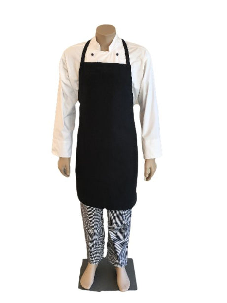 Elegant black long bib apron without pockets, providing coverage and comfort for cooking and crafting enthusiasts.