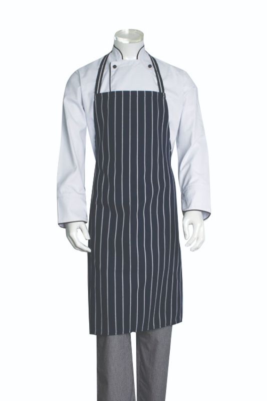 Blue and white Chef Bib Apron, 73W x 105L, stylish and durable for chefs and home cooks, offering ample coverage and comfort.