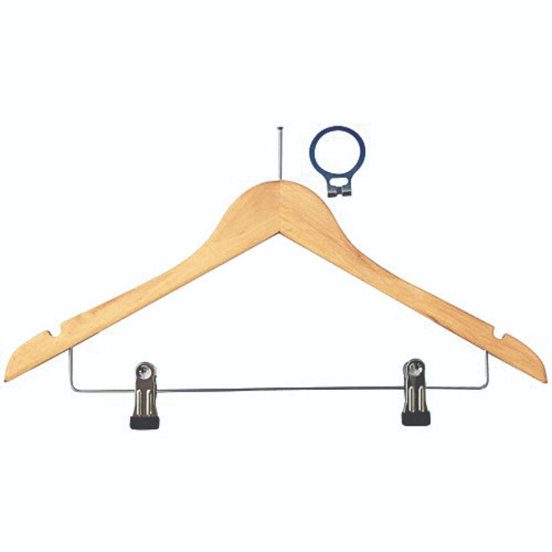 Pilferproof wooden coat hanger with skirt clips, sturdy design for organizing garments and preventing slips.