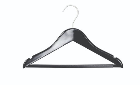 Wooden black coat hanger with anti-slip bar, ideal for organizing garments and preventing slipping. Generous 44.5cm size.