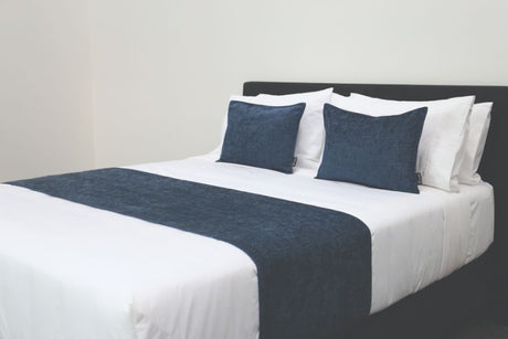 Luxurious Korora Blue bed runner, reversible, 185cm x 55cm, crafted from durable chenille polyester with tailored edges.