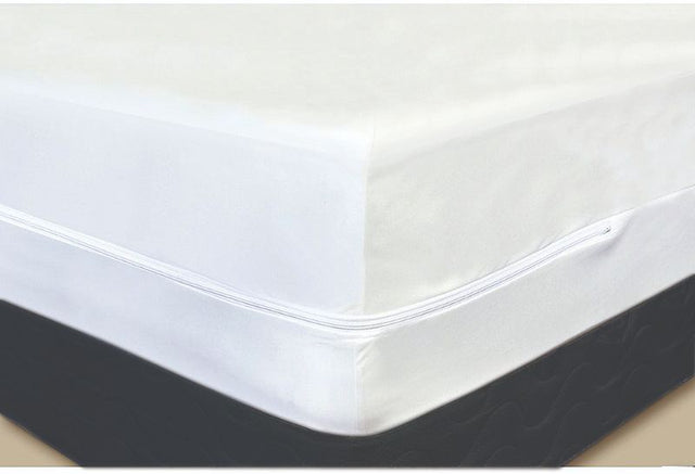 White queen-sized mattress encasement by Dreamticket, offering protection against bed bugs, dust mites, and allergens with a secure zipper.